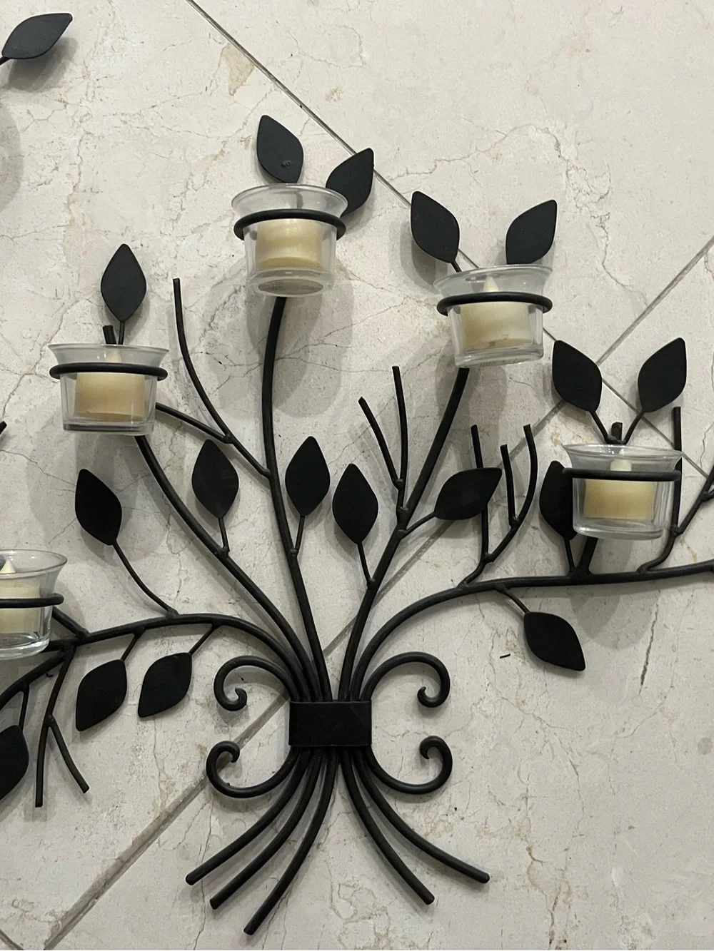 Black Metal Leaf Branch Wall Candle Sconces - Set of 2